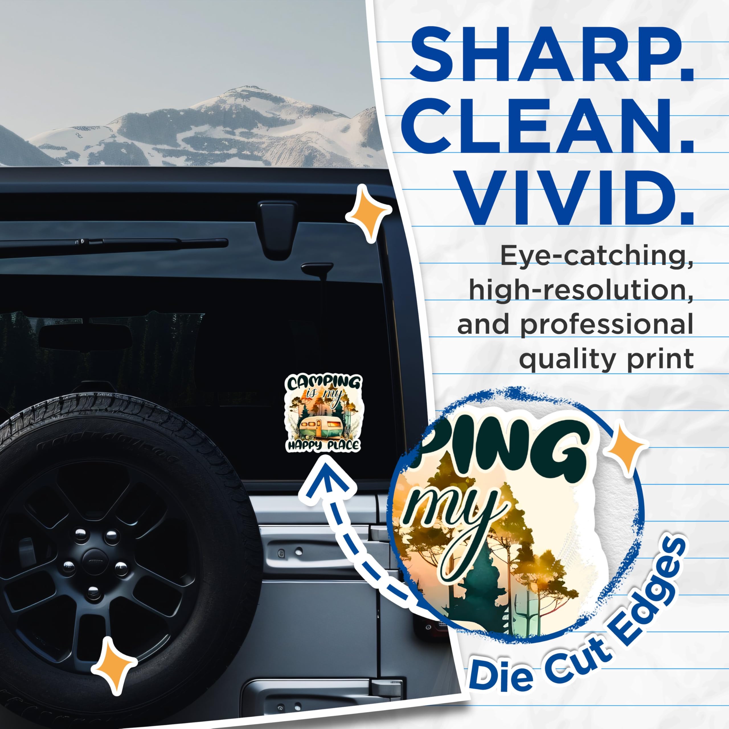 (2 Pack) Camping is My Happy Place Stickers - Camper Van Stickers - Outdoor Adventure Stickers - 5" On Longest Side - Sticks to Any Smooth Flat Surface - Made in USA - BMCS2888