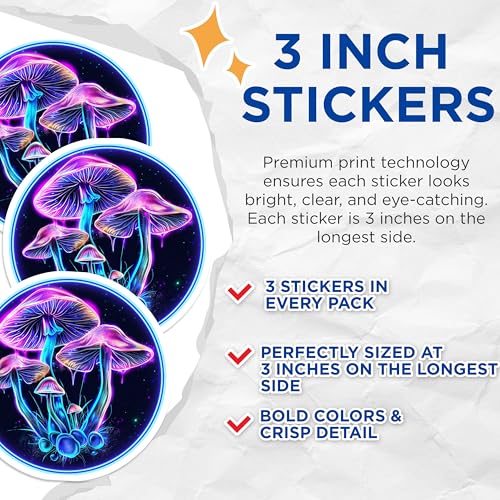 (3 Pack) Psychedelic Mushroom Decals - Neon Fungi Stickers - Laptop Hydroflask Decals- 3 Inches On Longest Side - Easy Peel & Apply - Made in USA - 3MCS5812