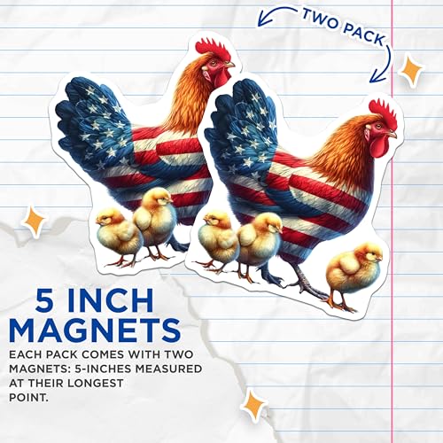 (2 Pack) Patriotic Rooster and Chicks Magnets - American Flag Rooster - Farmhouse Kitchen Decor - Rustic Farm Animal - 5" On Longest Side - for Cars, Fridges, Toolboxes - Made in USA - MAG6967