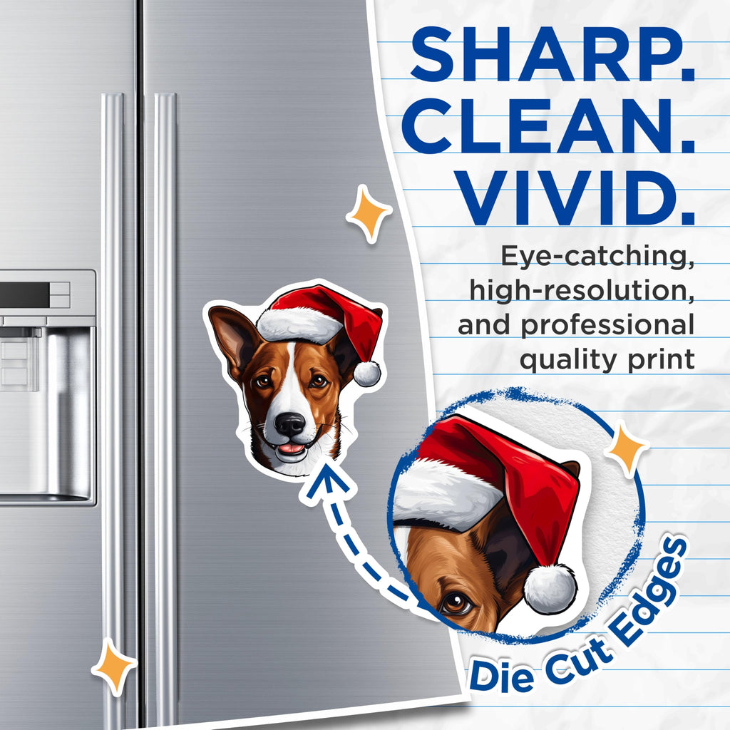 (2 Pack) Christmas Dog Magnets - Santa Hat Basenji Magnets - Festive Holiday Pet Decor - Animal Lover Collectibles - 5 Inches On Longest Side - Thick Durable Magnet - Made in USA - MAG23970