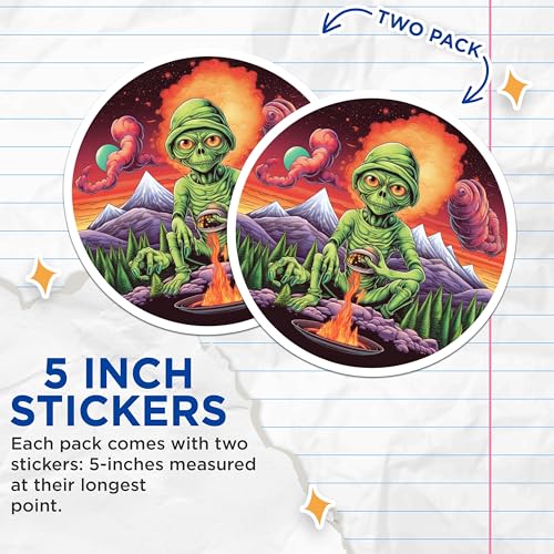 (2 Pack) Alien Forest Adventure Stickers - Psychedelic Alien Art - Unique Sci-Fi Stickers - 5" On Longest Side - Sticks to Smooth Flat Surfaces - Made in USA - BMCS4068