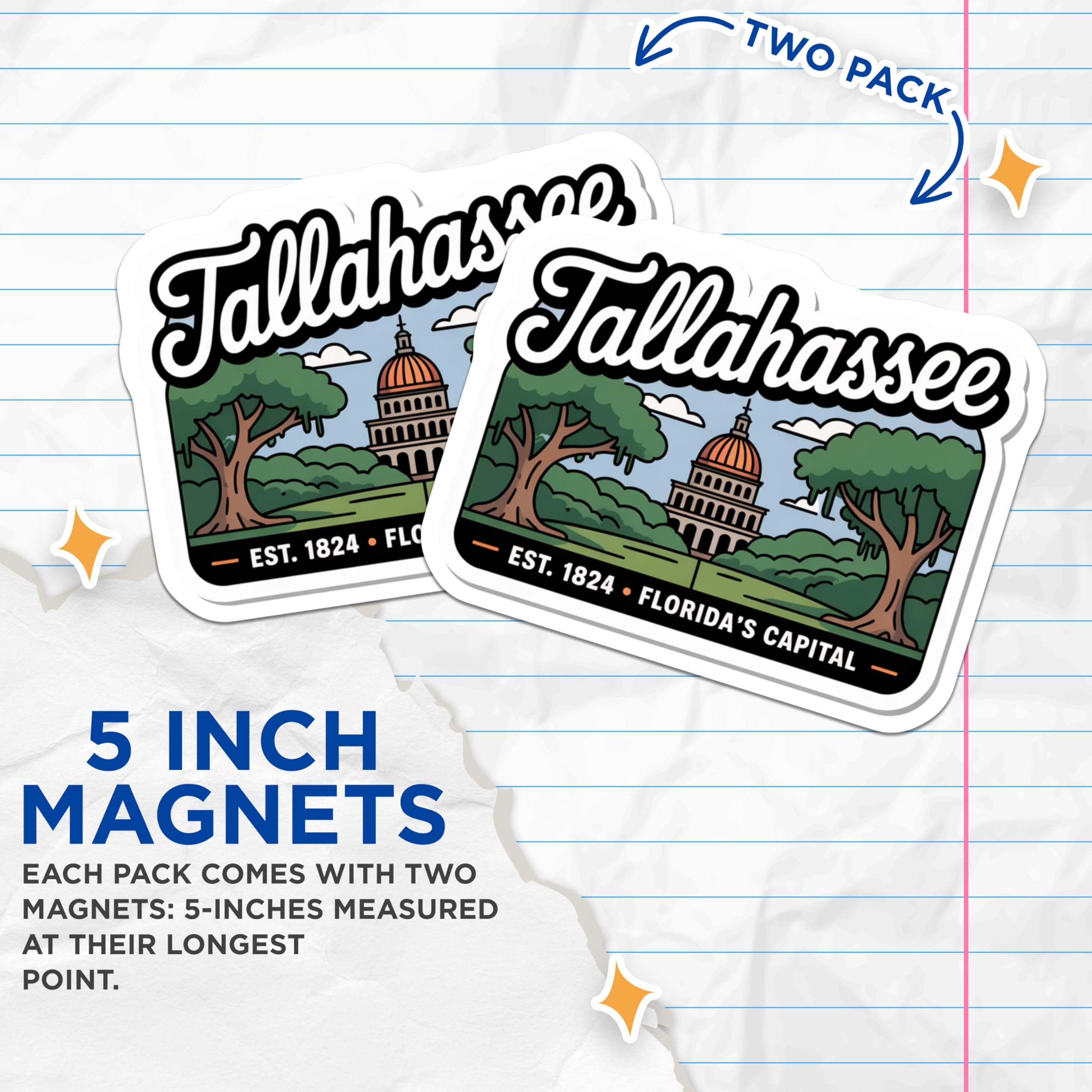 (2 Pack) Tallahassee Magnets - Florida Capital - Retro Design - 5" On Longest Side - Premium Magnet - for Cars, Refrigerators, Toolboxes, Lockers - Made in USA - MAG18005