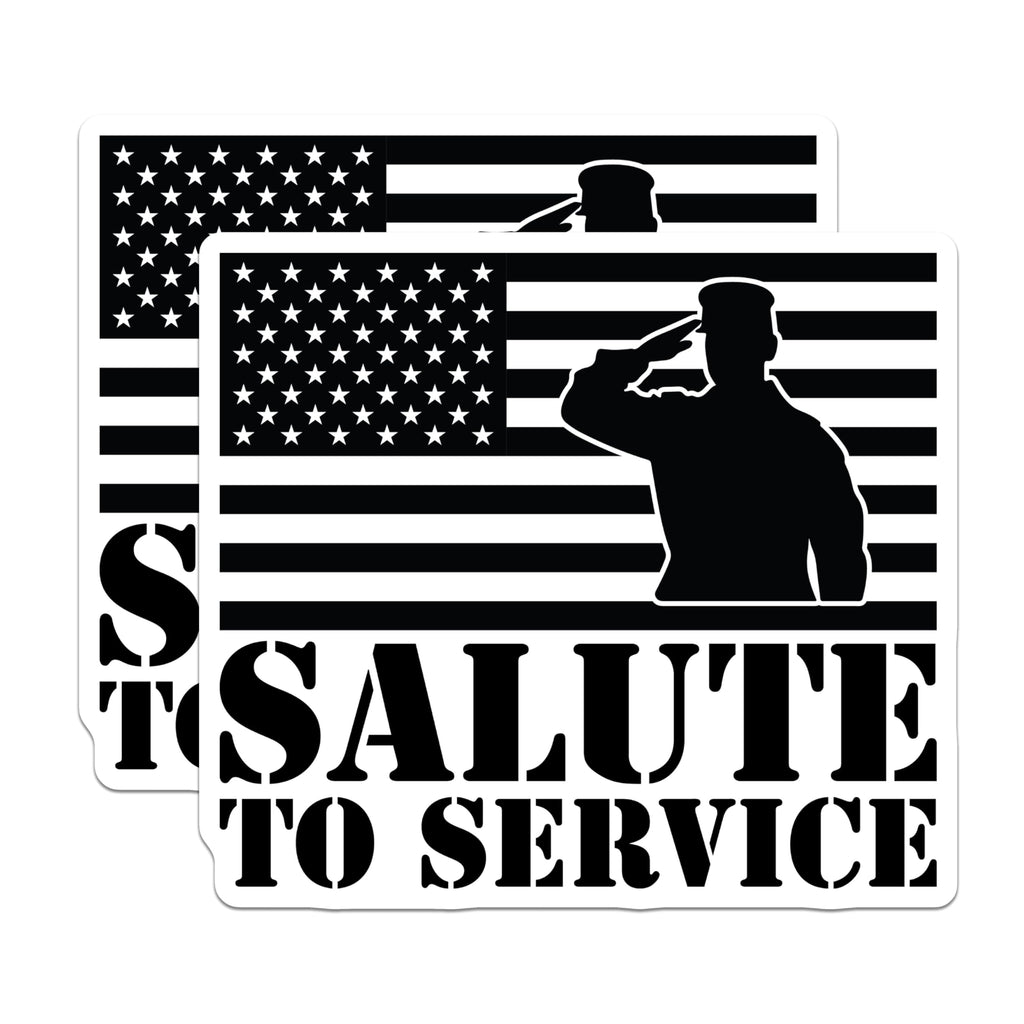 (2 Pack) Salute to Service Stickers - Military Tribute Decal - American Flag Soldier Sticker - 5" On Longest Side - Sticks to Smooth Flat Surfaces - Made in USA - BMCS5292
