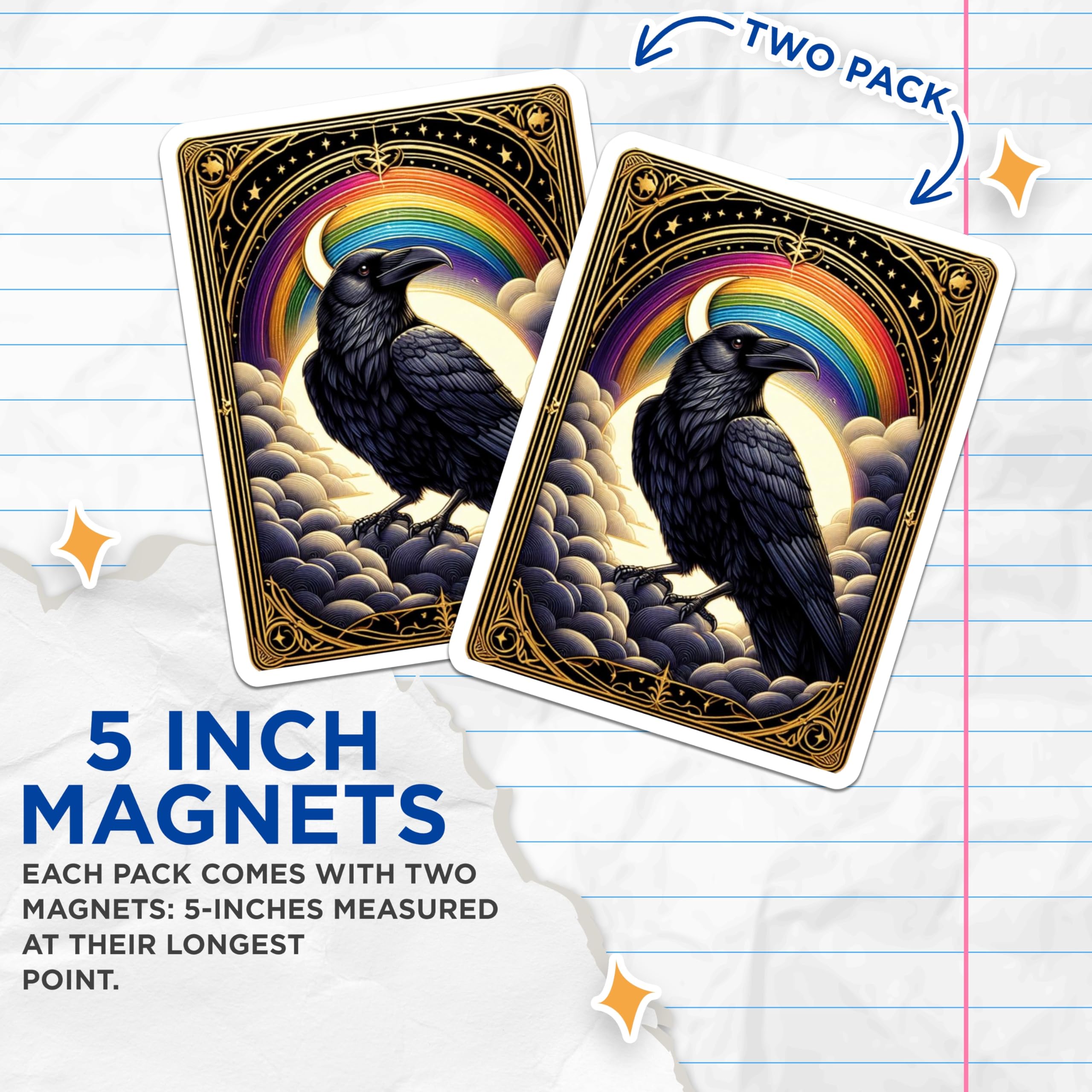 (2 Pack) Raven Magnets - Rainbow Celestial Bird Art - Mystical Gothic Animal Decor - 5 Inches On Longest Side - Thick Durable Magnet - Made in USA - MAG21490
