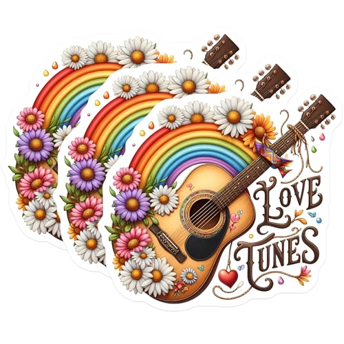 (3 Pack) Guitar Rainbow Decals - Flower Power Music - Love Tunes Stickers - 3 Inches On Longest Side - Easy Peel & Apply - Made in USA - 3MCS4910
