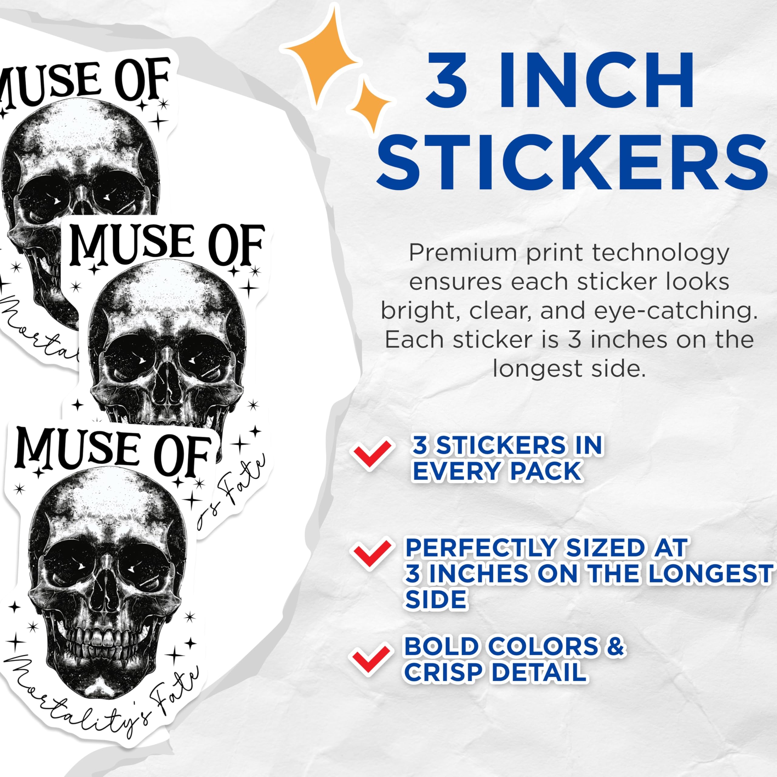 (3 Pack) Skull Decals - Muse of Mortalitys Fate - Gothic Stickers - 3 Inches On Longest Side - Easy Peel & Apply - Made in USA - 3MCS2310