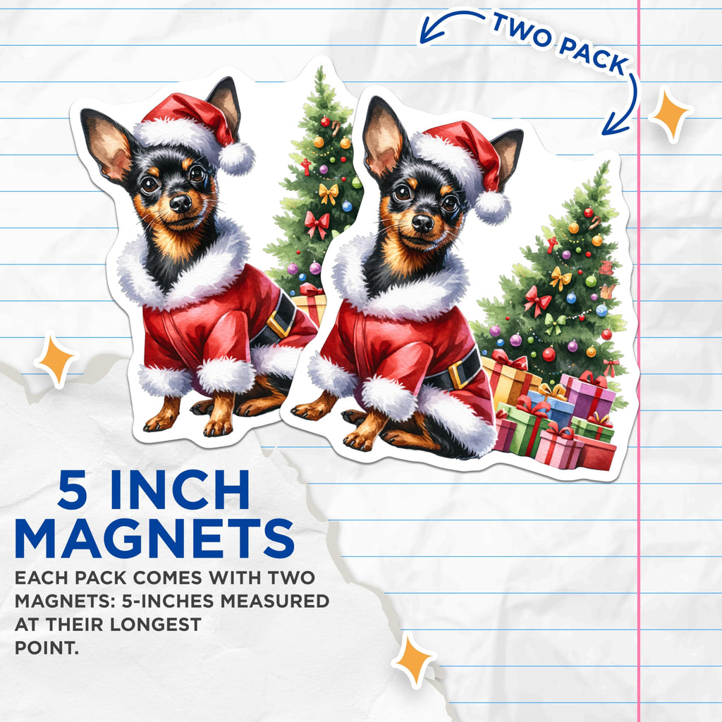 (2 Pack) Christmas Dog Magnets - Santa Pet Magnets - Holiday Animal Decor - Cute Watercolor Canine Xmas Fridge Art - 5 Inches On Longest Side - Thick Durable Magnet - Made in USA - MAG28530