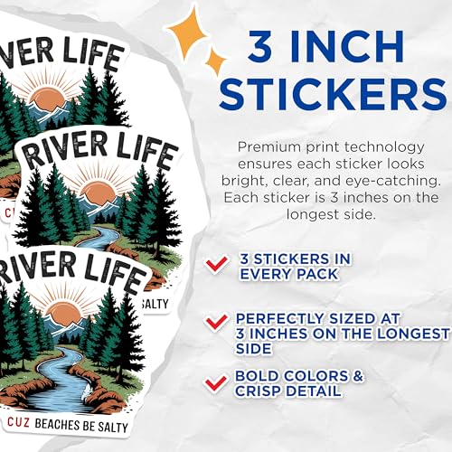 (3 Pack) River Life Decals - Cuz Beaches Be Salty - Nature Scenery Sticker - 3 Inches On Longest Side - Easy Peel & Apply - Made in USA - 3MCS7942