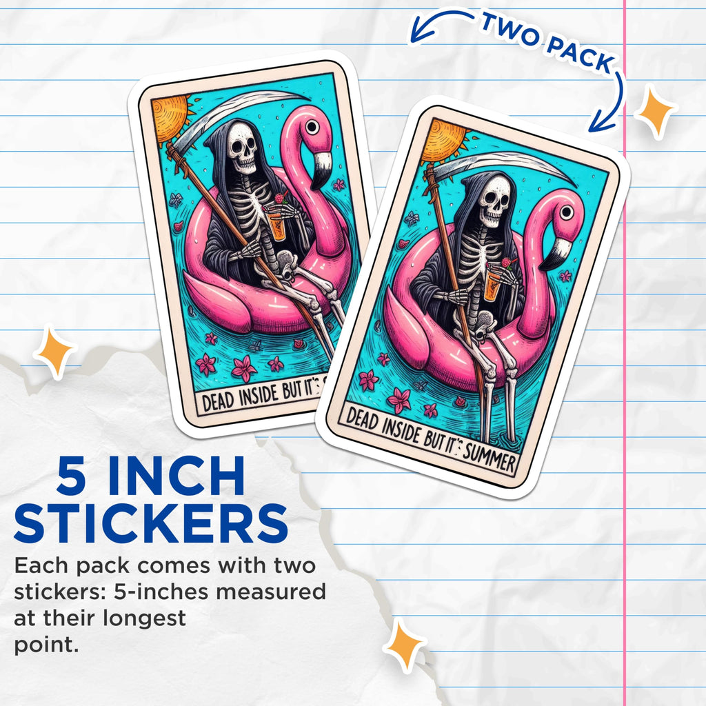 (2 Pack) Dead Inside But It's Summer Stickers - Skeleton Flamingo Float Stickers - Dark Humor Beach Stickers - 5" On Longest Side - Sticks to Smooth Flat Surfaces - Made in USA - BMCS4822