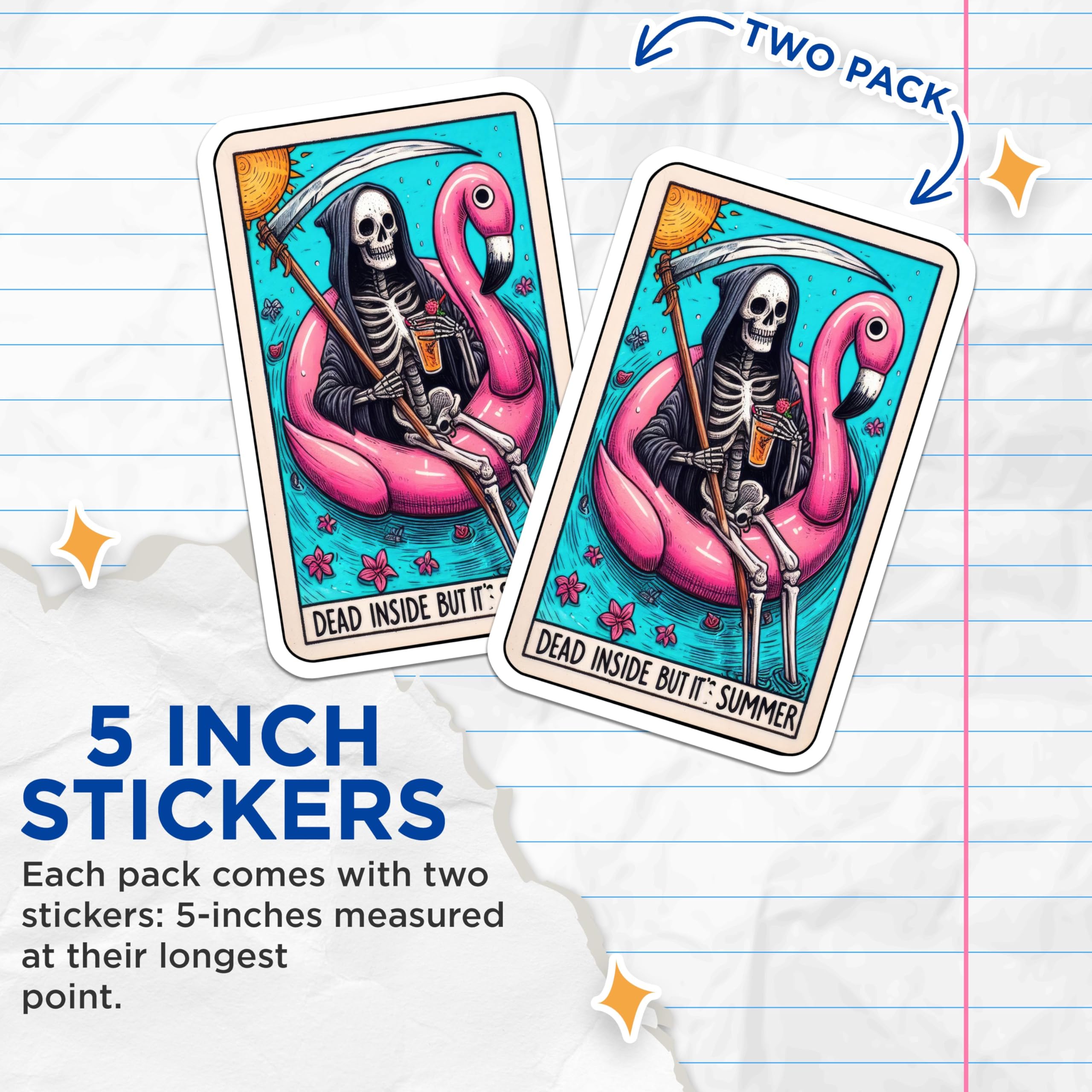 (2 Pack) Dead Inside But It's Summer Stickers - Skeleton Flamingo Float Stickers - Dark Humor Beach Stickers - 5" On Longest Side - Sticks to Smooth Flat Surfaces - Made in USA - BMCS4822