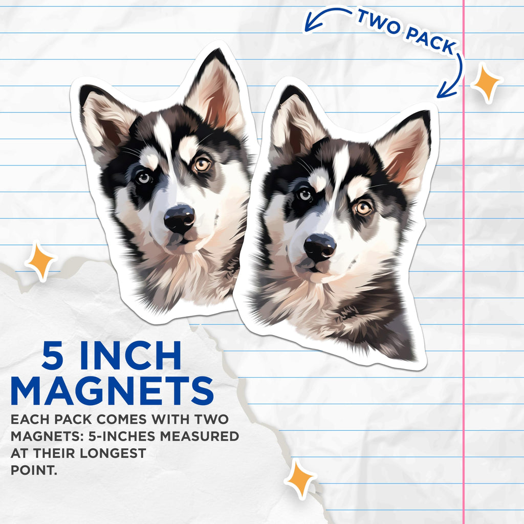 (2 Pack) Husky Dog Magnets - Siberian Dog Lover Decor - Pet Fridge Art - Heterochromia Eyes - 5 Inches On Longest Side - Thick Durable Magnet - Made in USA - MAG27261