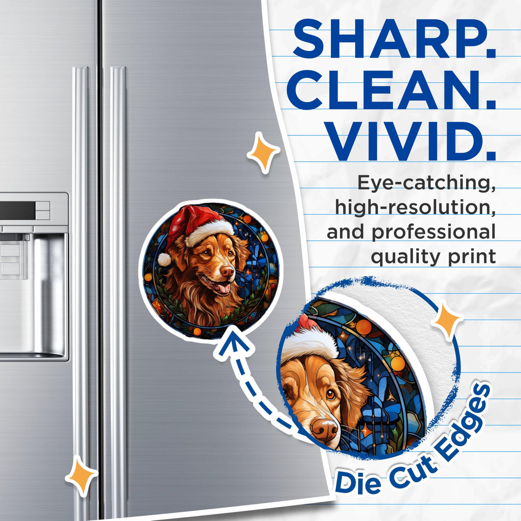 (2 Pack) Stained Glass Christmas Dog Magnets - Golden Retriever Santa Hat - Holiday Pet Decor Dog Lover - 5 Inches On Longest Side - Thick Durable Magnet - Made in USA - MAG28953