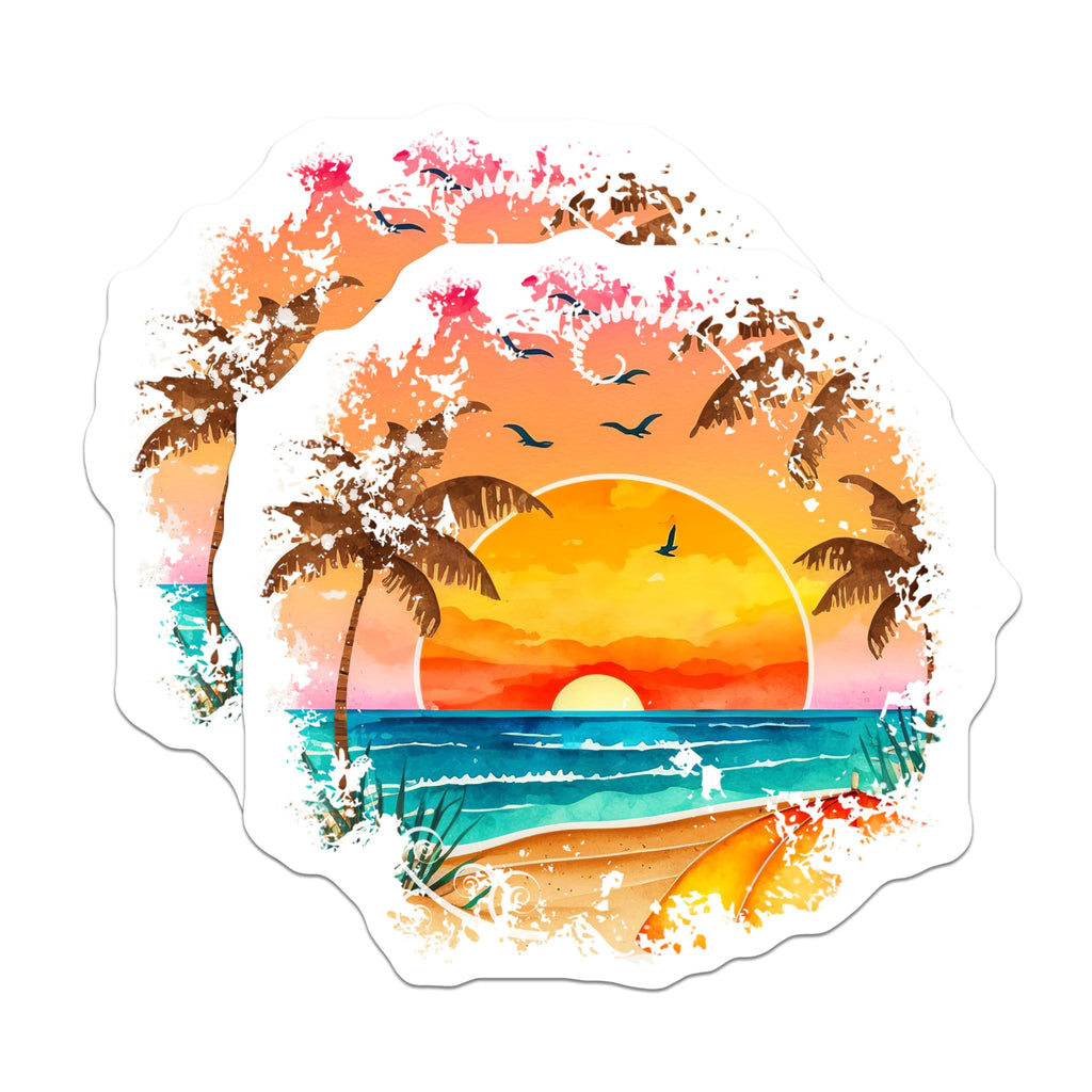 (2 Pack) Tropical Beach Magnets - Sunset Ocean View - Palm Tree Summer Decor - 5 Inches On Longest Side - Thick Durable Magnet - Made in USA - MAG24702