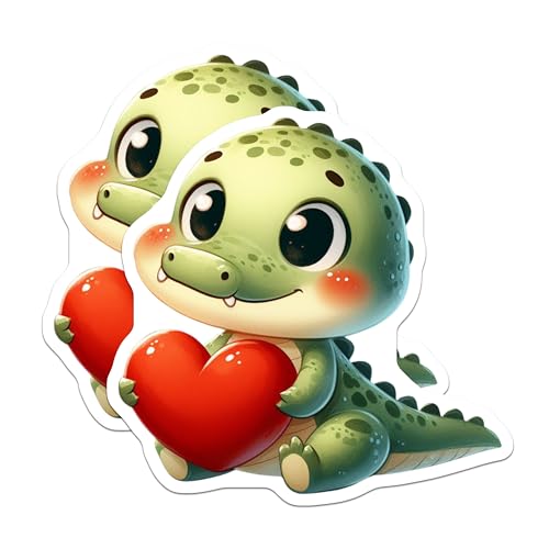 (2 Pack) Cute Dinosaur Heart Stickers - Kawaii Animal Stickers - Adorable Cartoon Stickers - 5" On Longest Side - Sticks to Smooth Flat Surfaces - Made in USA - BMCS3653