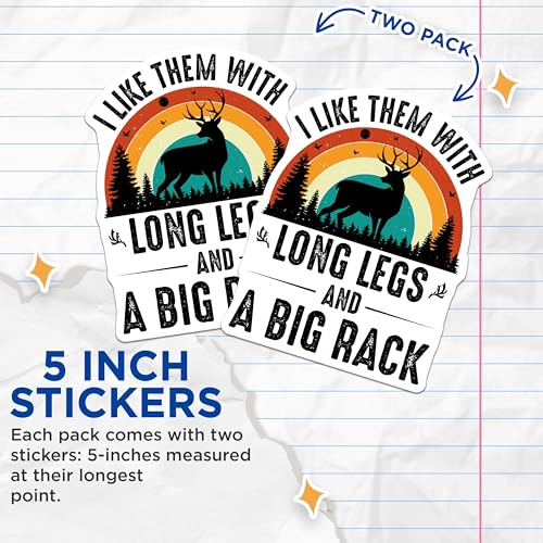 (2 Pack) Funny Deer Hunting Stickers - Outdoorsman - Long Legs and Big Rack - Silhouette Forest Scene - 5" On Longest Side - Sticks to Smooth Flat Surfaces - Made in USA - BMCS5083