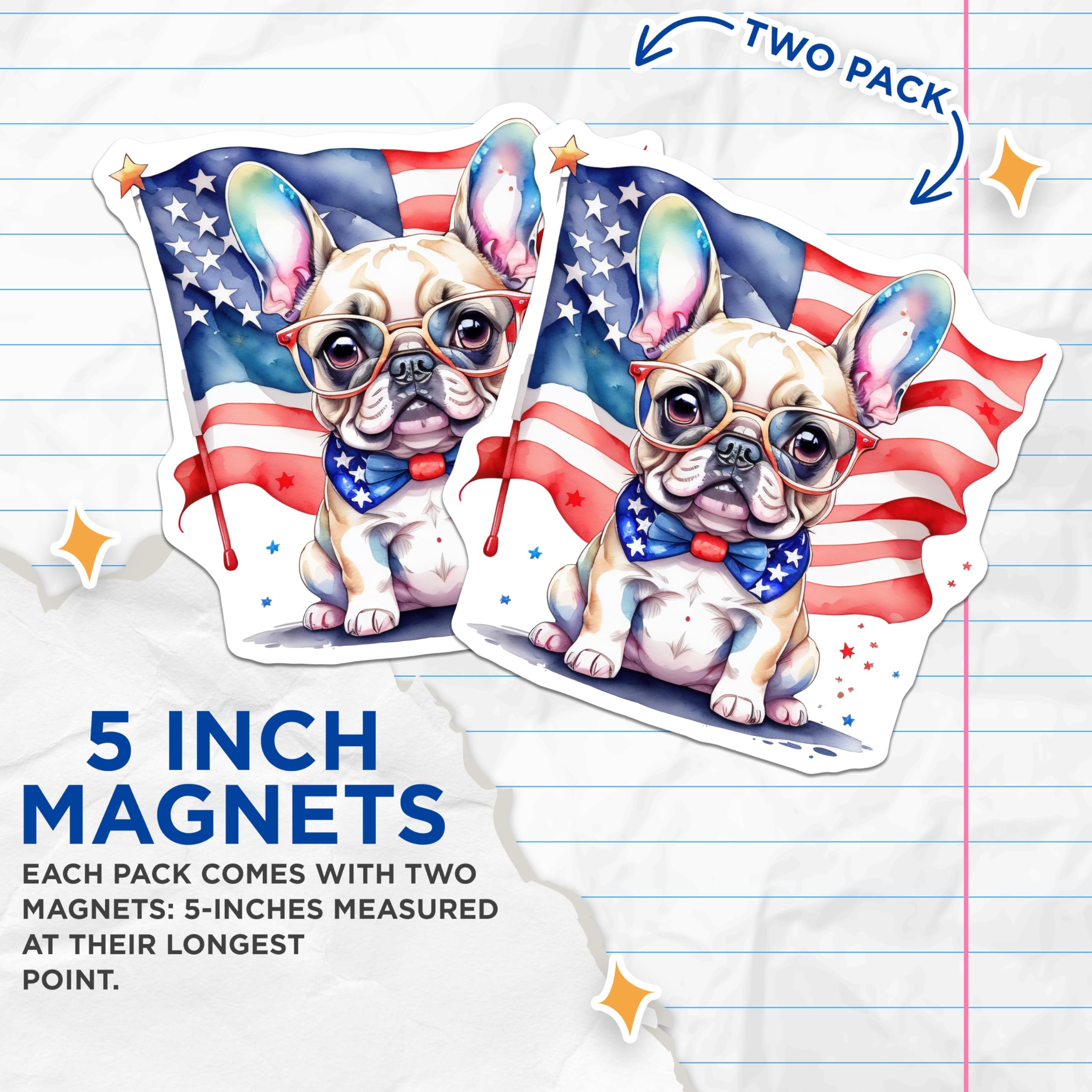 (2 Pack) Patriotic Dog Magnets - American Flag Bulldog - USA Puppy Decor - 5" On Longest Side - Premium Magnet - for Cars, Refrigerators, Toolboxes, Lockers - Made in USA - MAG15653