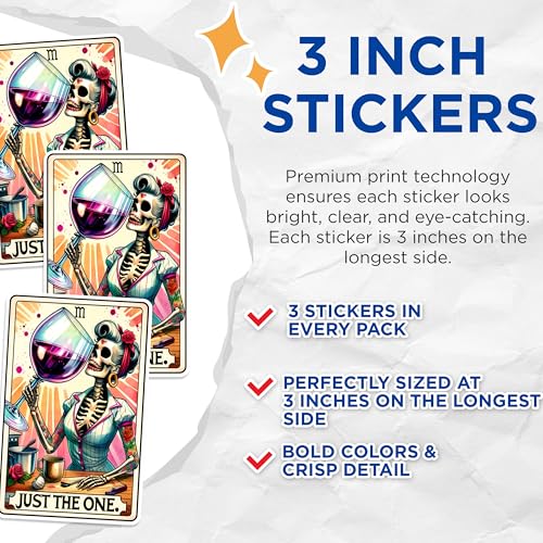 (3 Pack) Wine Skeleton Decals - Tarot Card - Just The One - Laptop Decal - 3 Inches On Longest Side - Easy Peel & Apply - Made in USA - 3MCS1414