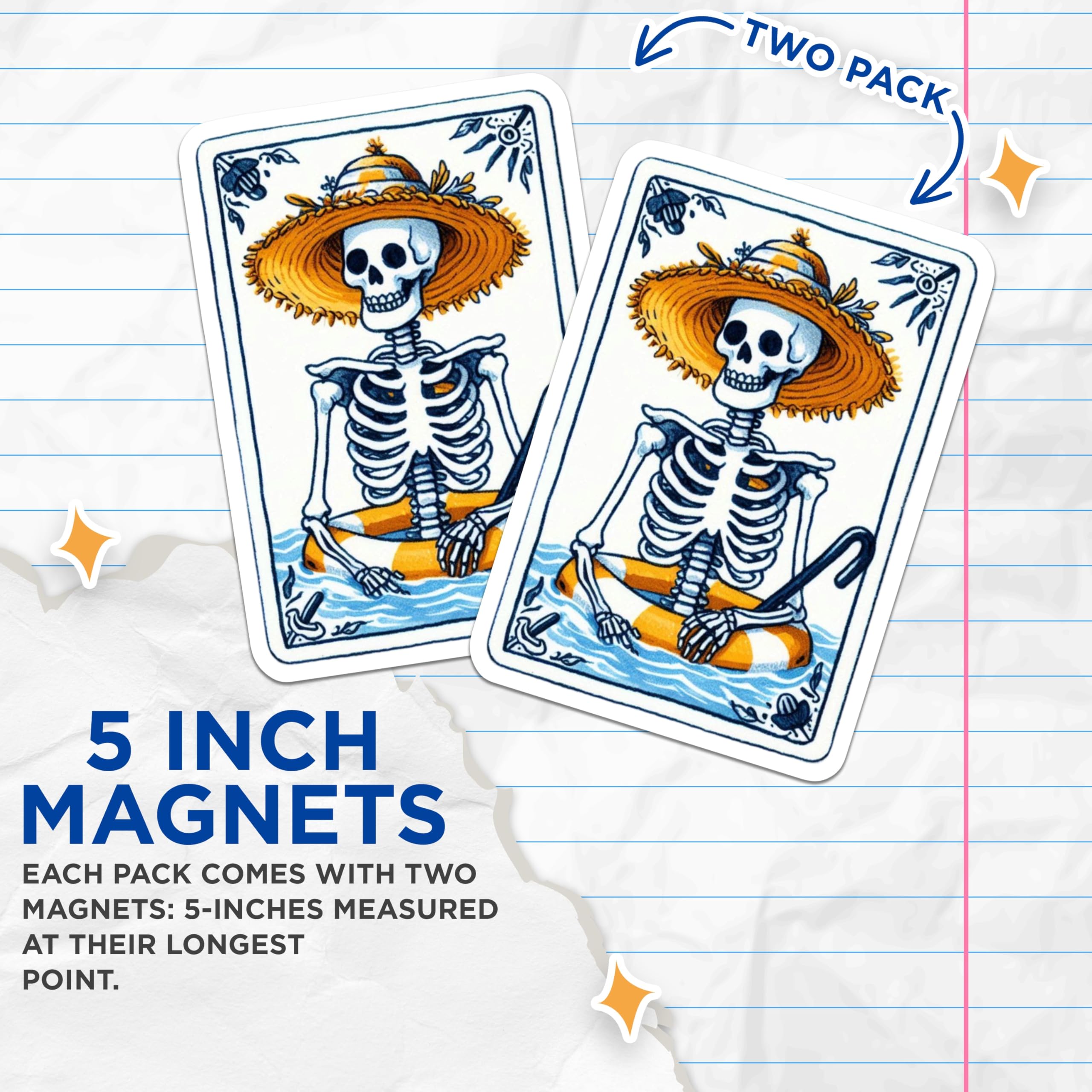 (2 Pack) Summer Skeleton Magnets - Beach Vacation Decor - Quirky Pool Float Art - 5 Inches On Longest Side - Thick Durable Magnet - Made in USA - MAG22252