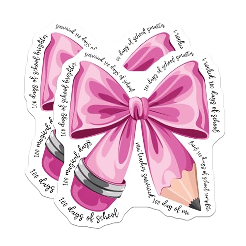 (2 Pack) 100 Days of School Stickers - Pink Ribbon Stickers - Celebratory Teacher Stickers - 5" On Longest Side - Sticks to Any Smooth Flat Surface - Made in USA - BMCS3064