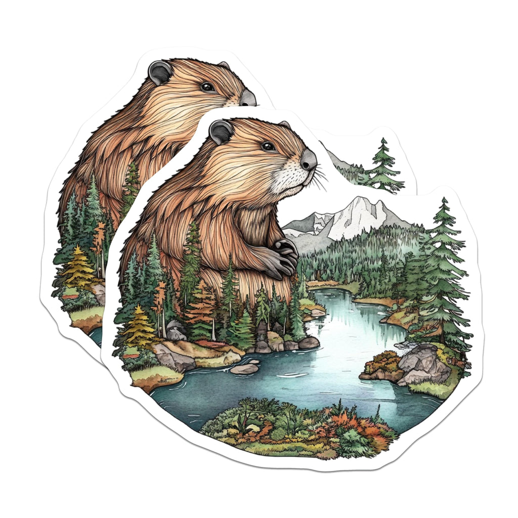 (2 Pack) Beaver Nature Magnets - Forest Lake Art - Wildlife Home Decor - 5" On Longest Side - Premium Magnet - for Cars, Refrigerators, Toolboxes, Lockers - Made in USA - MAG15058