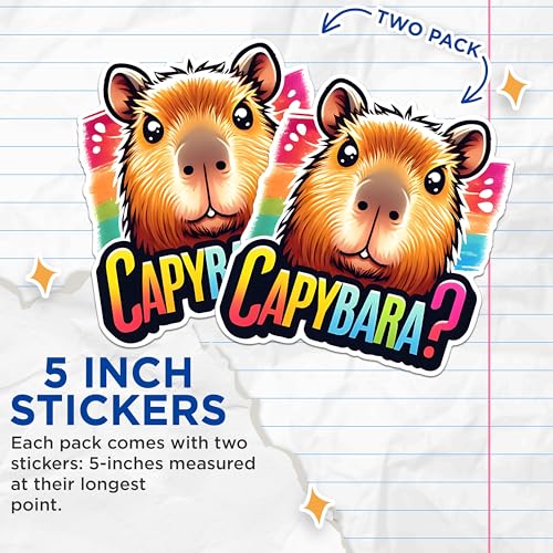 (2 Pack) Capybara Animal Stickers - Cute Animal Illustration Stickers - Funny Capybara Humor Stickers - 5" On Longest Side - Sticks to Any Smooth Flat Surface - Made in USA - BMCS2674