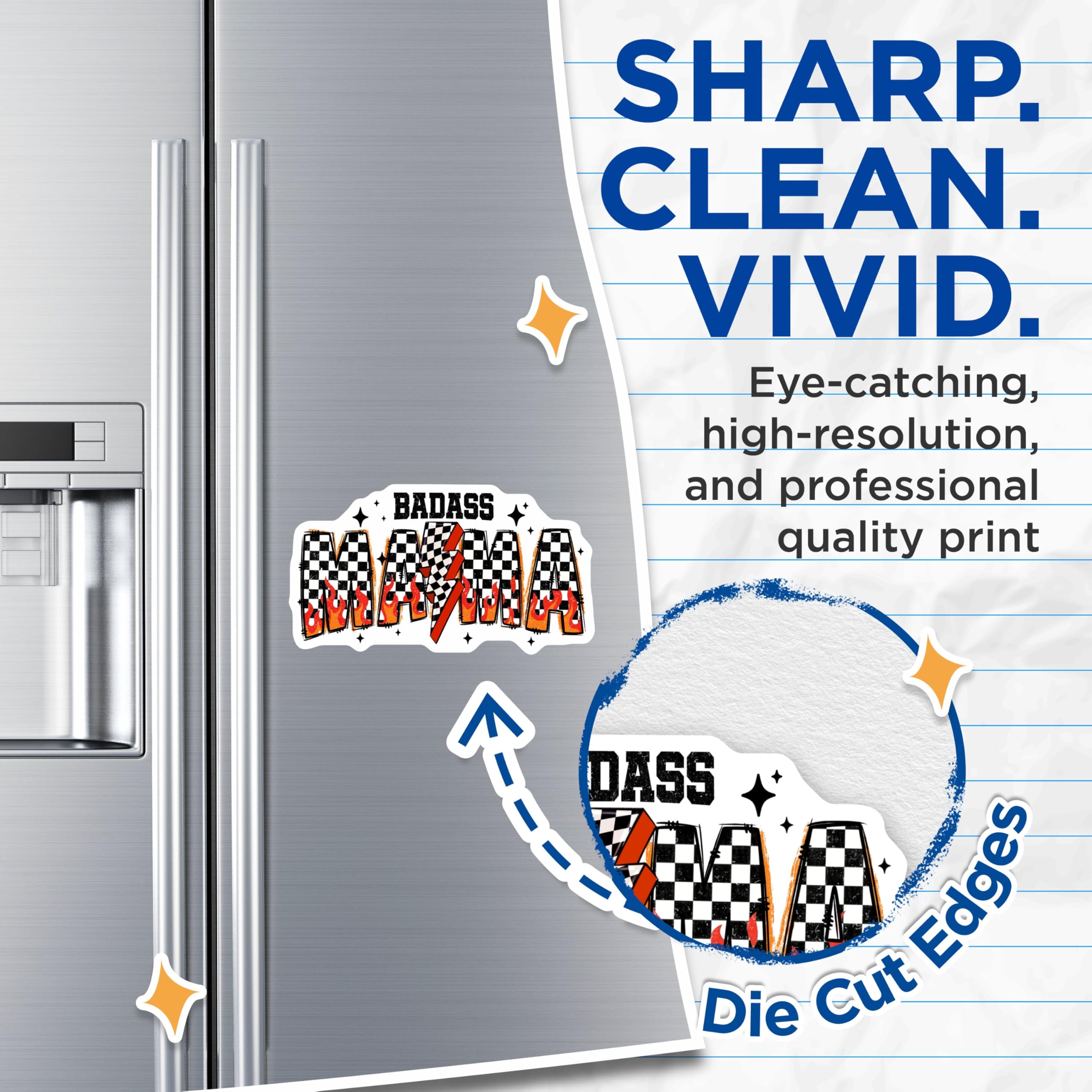 (2 Pack) Badass Mamma Magnets - Edgy Mom Refrigerator Decor - Checkerboard Flames Lightning Bolt - 5 Inches On Longest Side - Thick Durable Magnet - Made in USA - MAG25574