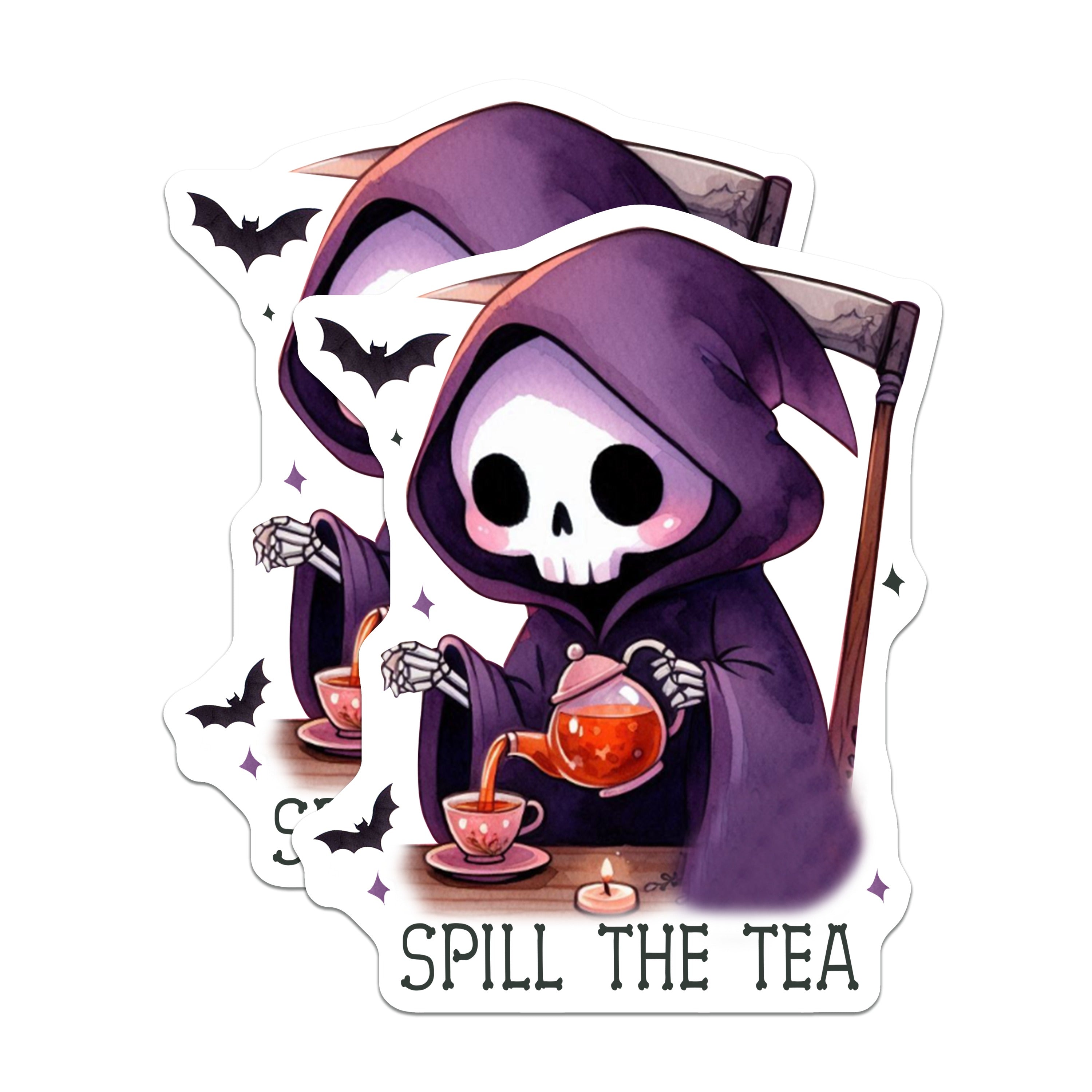(2 Pack) Spill The Tea Grim Reaper Magnets - Kawaii Goth Aesthetic - Dark Humor Tea Drinker - 5 Inches On Longest Side - Thick Durable Magnet - Made in USA - MAG36169