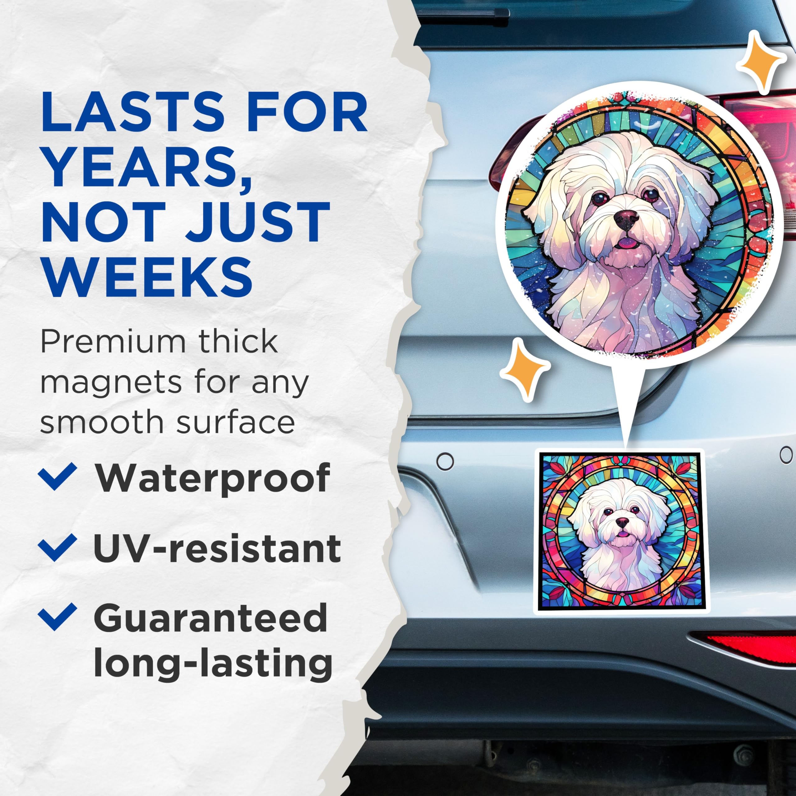 (2 Pack) Maltese Dog Magnets - Stained Glass Pup Decor - Fridge Refrigerator Magnets - 5" On Longest Side - Premium Magnet - for Cars, Refrigerators, Toolboxes, Lockers - Made in USA - MAG16383