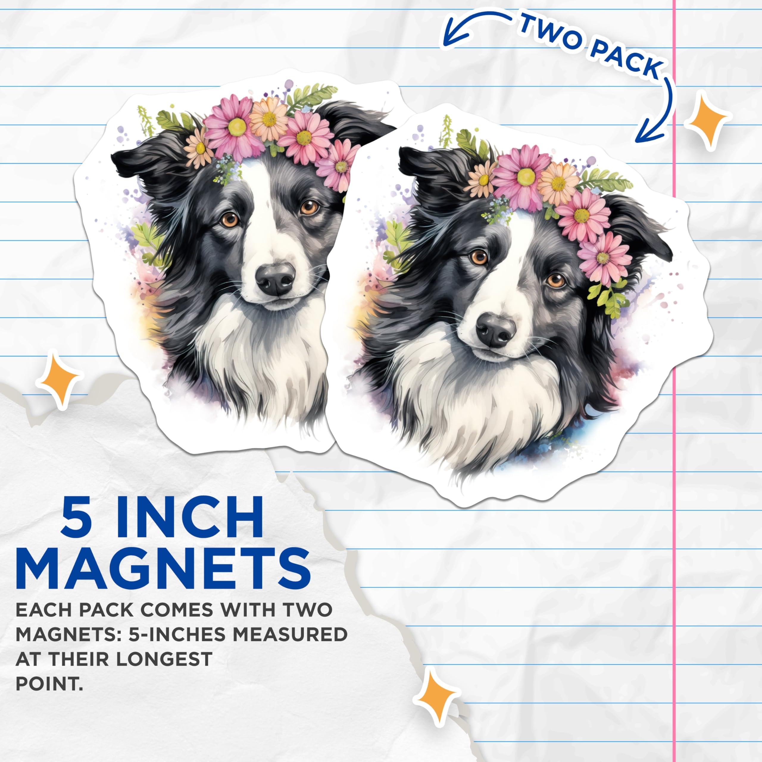 (2 Pack) Border Collie Dog Magnets - Flower Crown Dog - Dog Mom Pet Lover - 5 Inches On Longest Side - Thick Durable Magnet - Made in USA - MAG27982