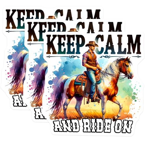 (3 Pack) Cowboy Horse Decals - Keep Calm Ride On - Equestrian Decal- 3 Inches On Longest Side - Easy Peel & Apply - Made in USA - 3MCS5494