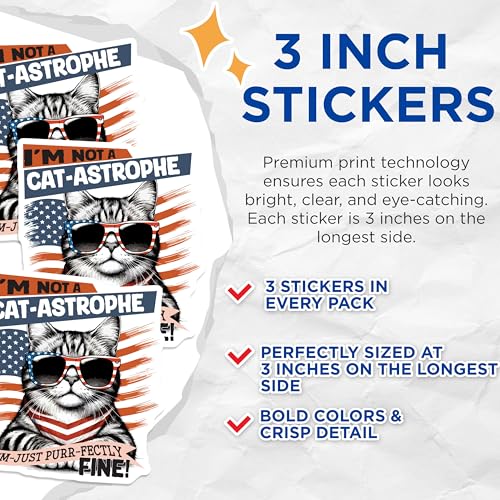 (3 Pack) Cat-Astrophe Decals - Patriotic Feline - Funny Cat Decals - 3 Inches On Longest Side - Easy Peel & Apply - Made in USA - 3MCS4721