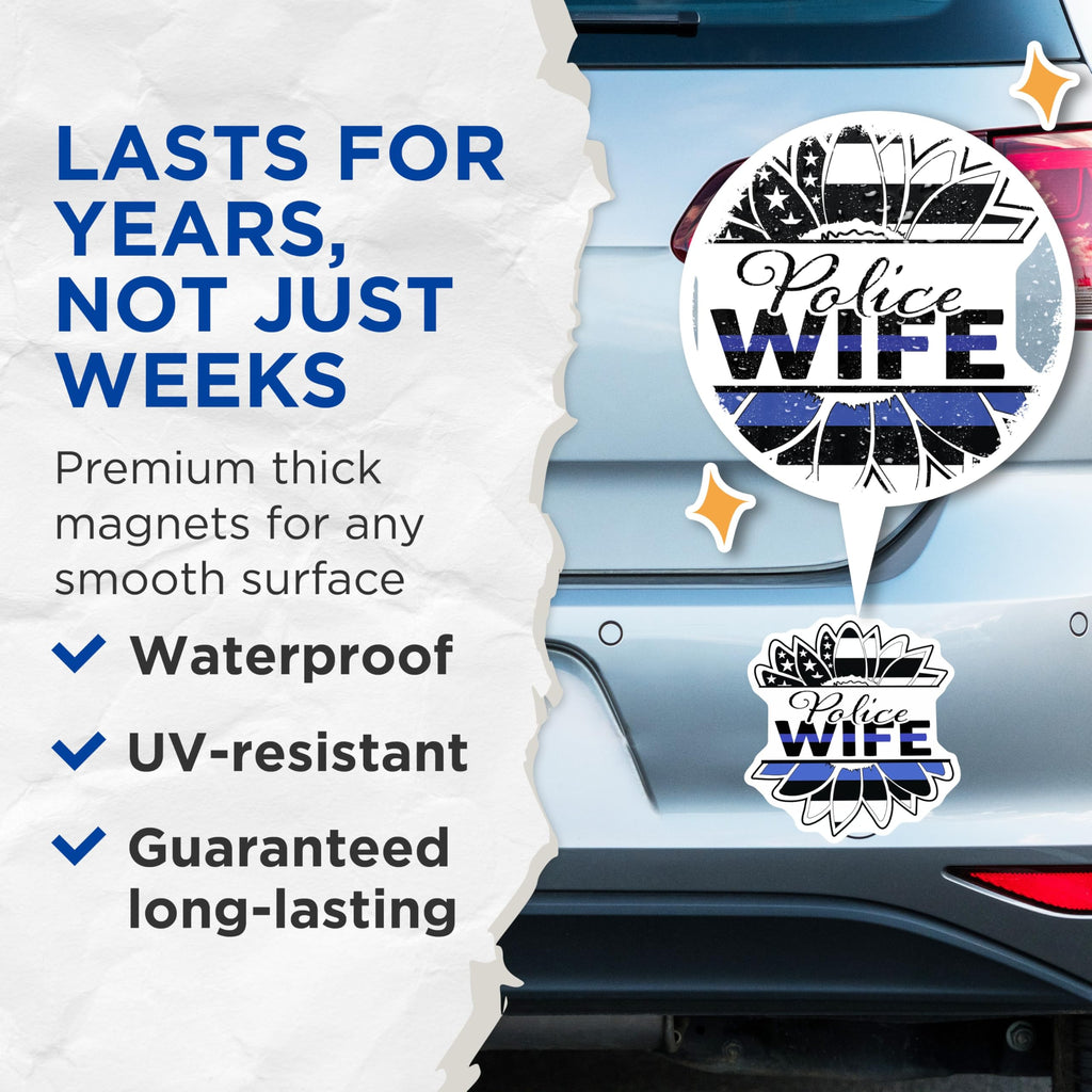 (2 Pack) Police Wife Magnets - Thin Blue Line American Flag Sunflower - Law Enforcement Officer Spouse Support Decor - 5 Inches On Longest Side - Thick Durable Magnet - Made in USA - MAG22337