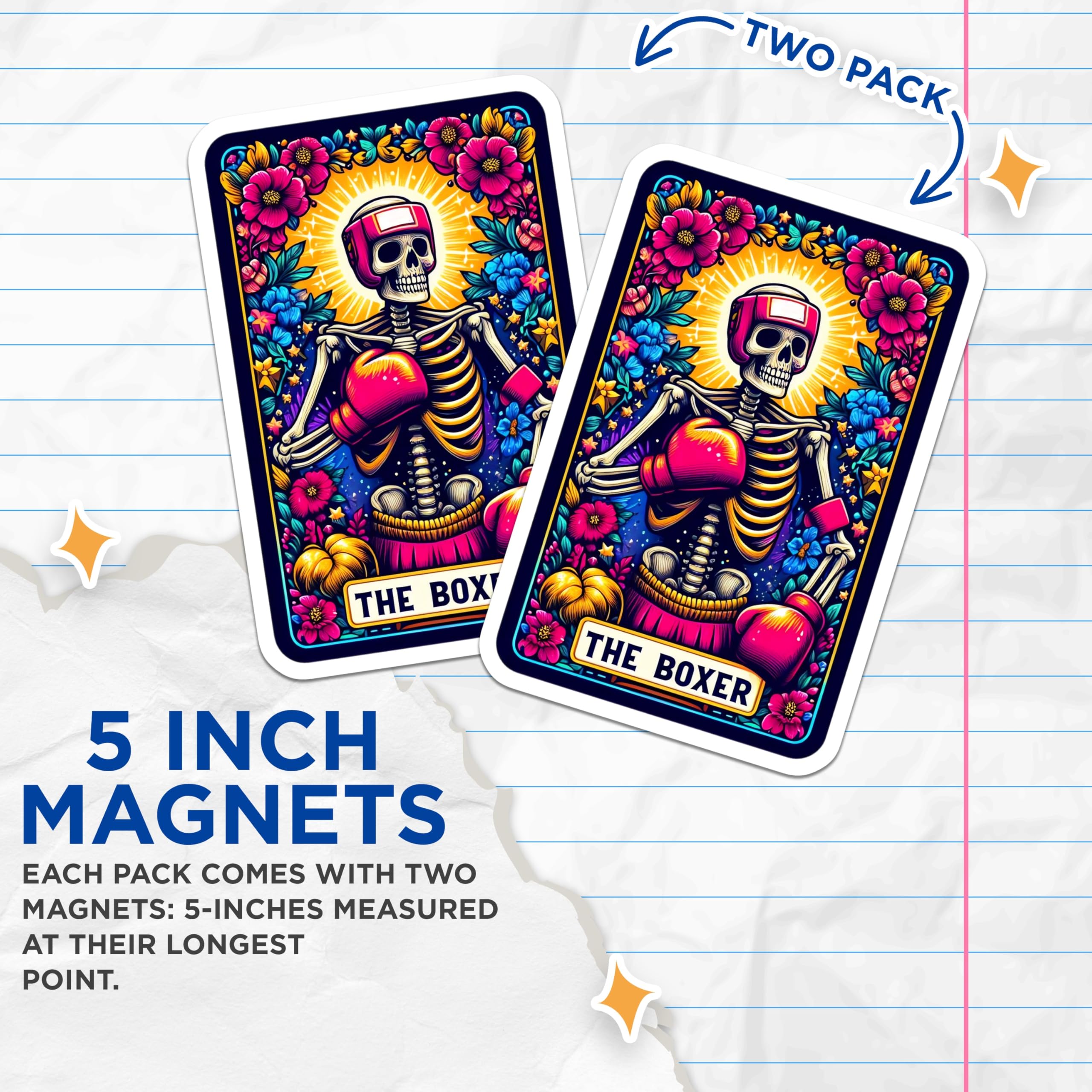 (2 Pack) Boxer Skeleton Magnets - Dia de Los Muertos Floral Art - Vibrant Calavera Skull Refrigerator Decor - 5 Inches On Longest Side - Thick Durable Magnet - Made in USA - MAG24499