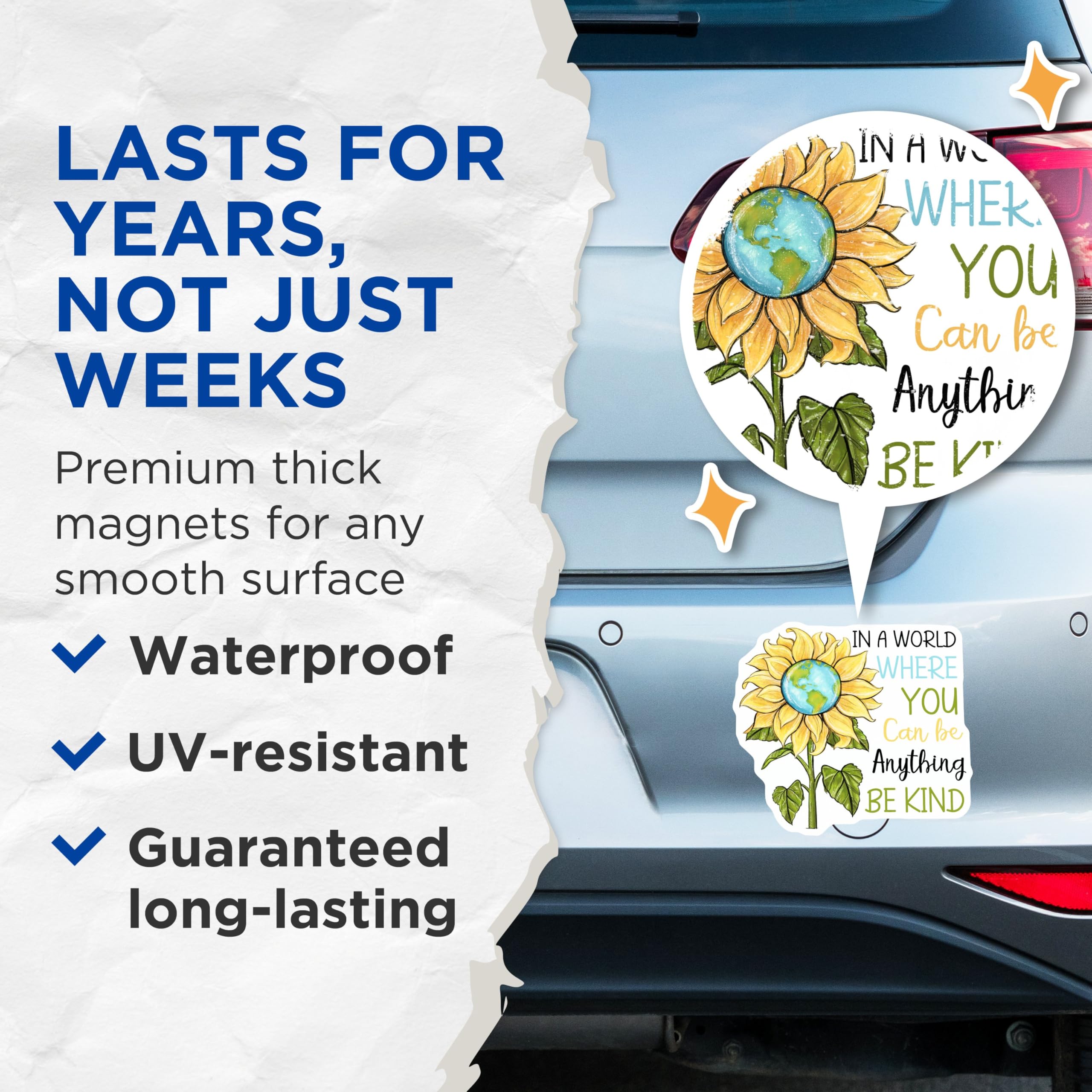 (2 Pack) Be Kind Magnets - Inspirational Quote Magnets - Sunflower World Design Magnets - Motivational Magnets - 5" On Longest Side - for Cars, Fridges, Toolboxes - Made in USA - MAG4196
