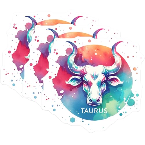 (3 Pack) Taurus Zodiac Decals - Watercolor Astrology Decal - Bull Sign Decals- 3 Inches On Longest Side - Easy Peel & Apply - Made in USA - 3MCS5319