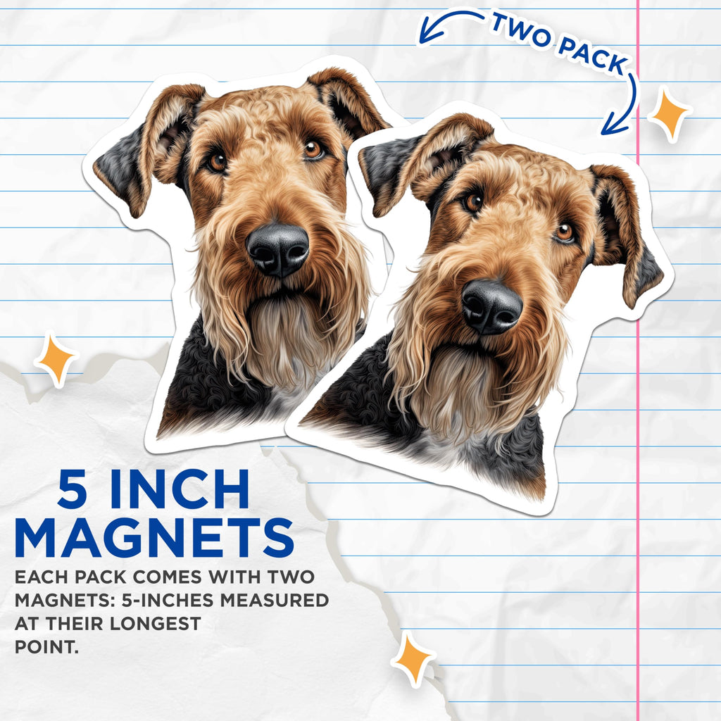 (2 Pack) Airedale Terrier Magnets - Dog Breed Art - Pet Lover Decor - Airedale Dog Mom Dad - Canine Enthusiast Refrigerator - 5 Inches On Longest Side - Thick Durable Magnet - Made in USA - MAG25856