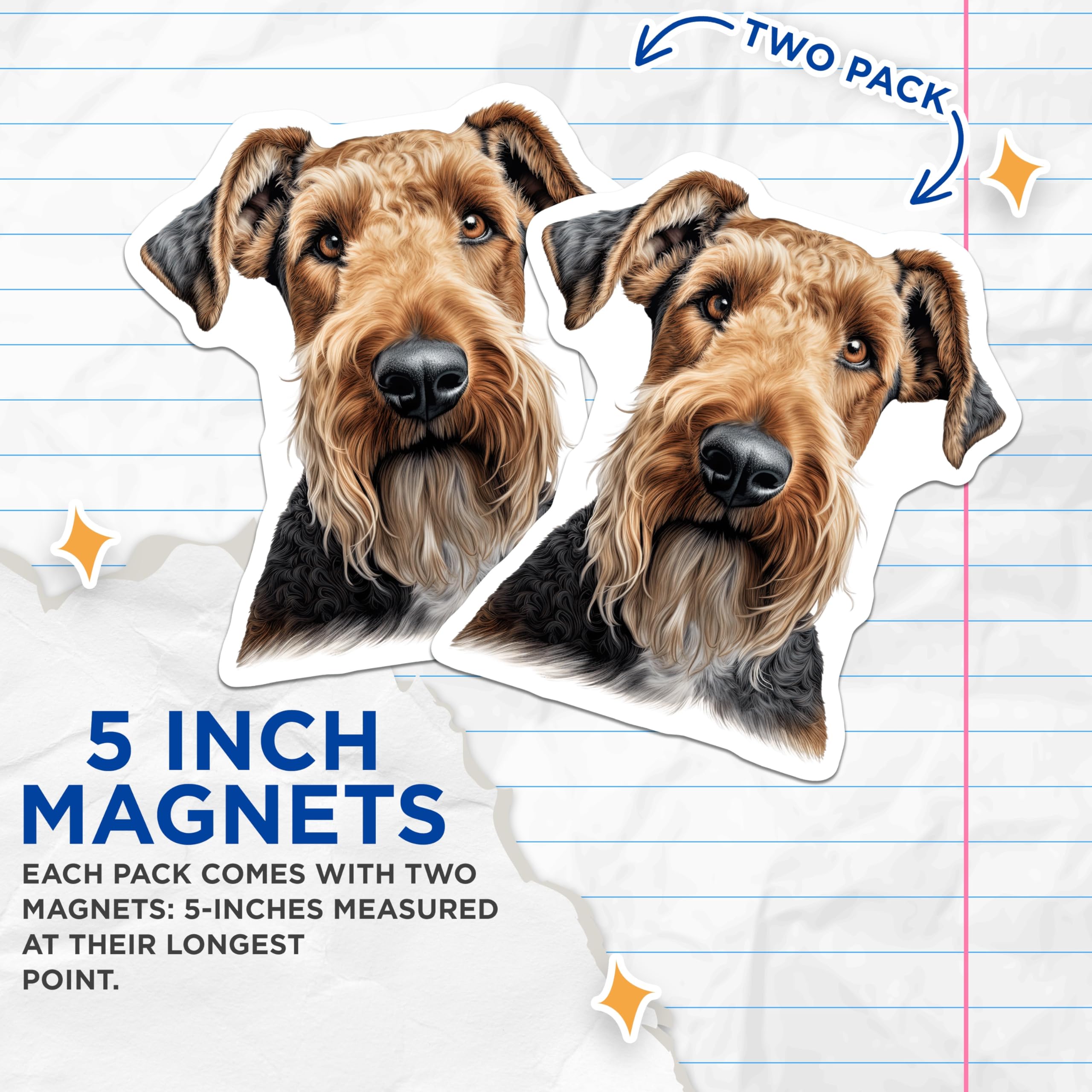 (2 Pack) Airedale Terrier Magnets - Dog Breed Art - Pet Lover Decor - Airedale Dog Mom Dad - Canine Enthusiast Refrigerator - 5 Inches On Longest Side - Thick Durable Magnet - Made in USA - MAG25856