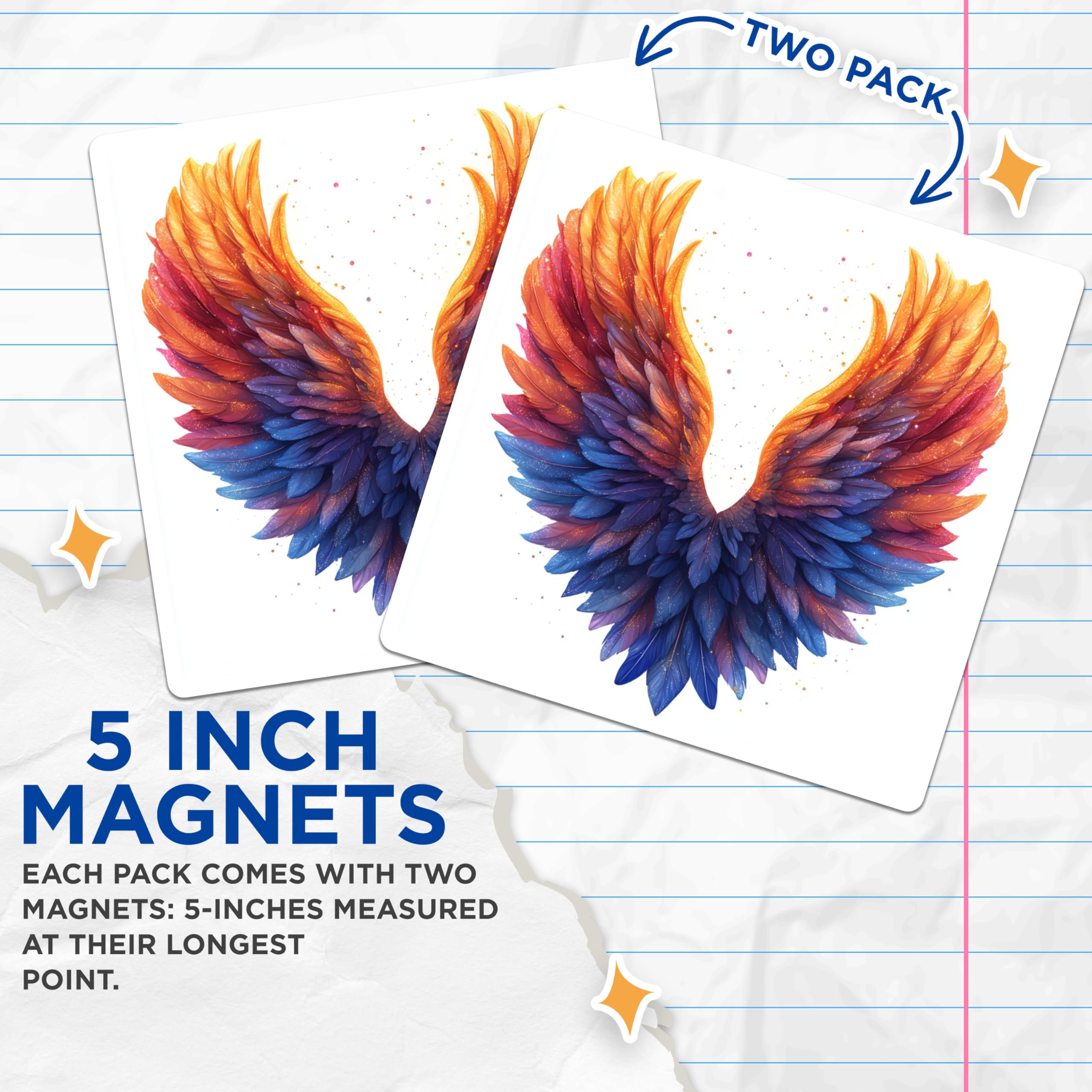 (2 Pack) Vibrant Angel Wings Magnets - Colorful Feather Art - Spiritual Home Decor Aesthetic - 5 Inches On Longest Side - Thick Durable Magnet - Made in USA - MAG25926