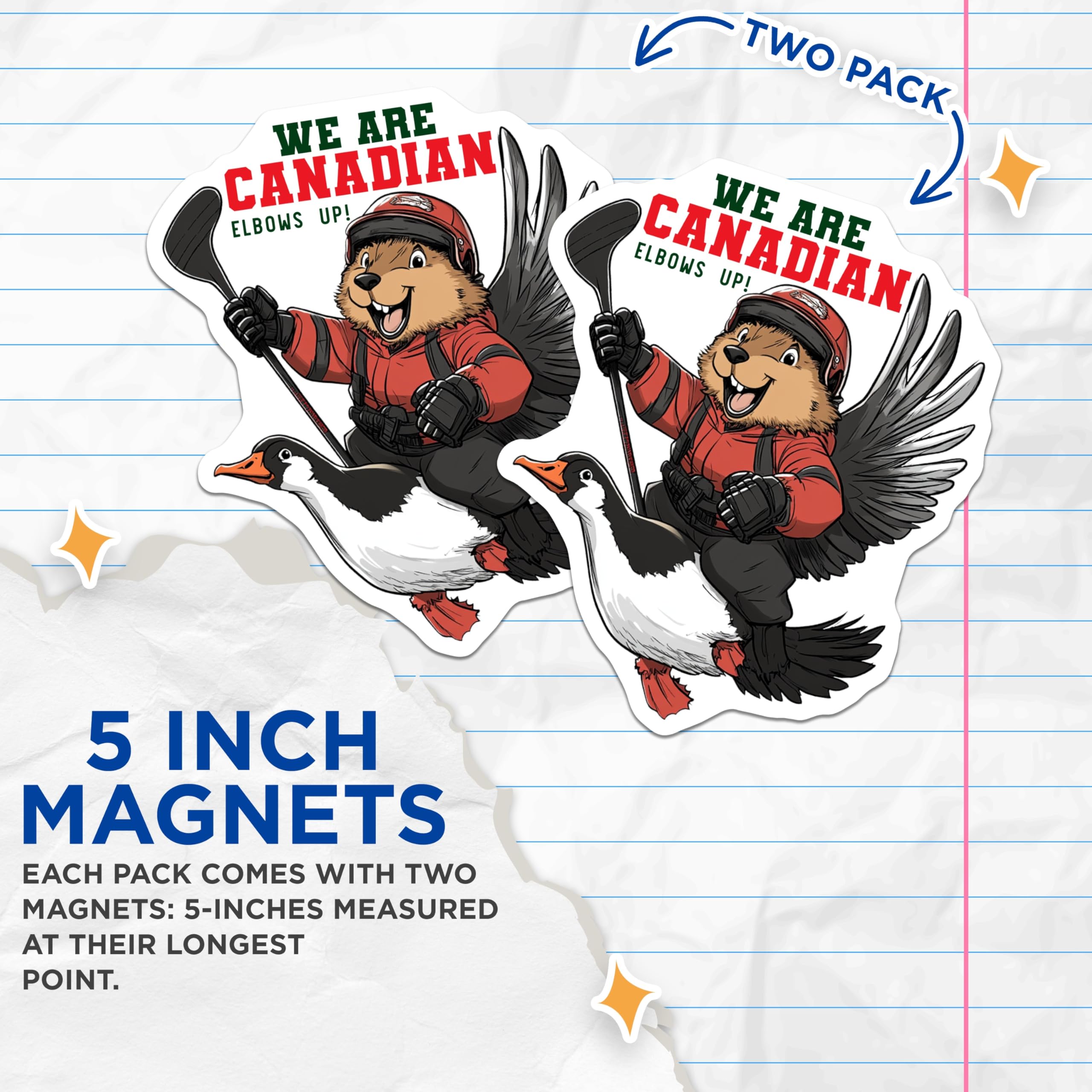 (2 Pack) Canadian Beaver Hockey Magnets - Flying Duck Illustration - Fridge Magnets - 5" On Longest Side - Premium Magnet - for Cars, Refrigerators, Toolboxes, Lockers - Made in USA - MAG17135