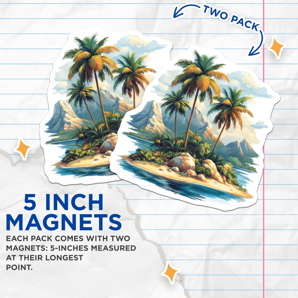 (2 Pack) Tropical Island Magnets - Palm Tree Beach Scene - Vacation Decor Aesthetic - 5 Inches On Longest Side - Thick Durable Magnet - Made in USA - MAG29498