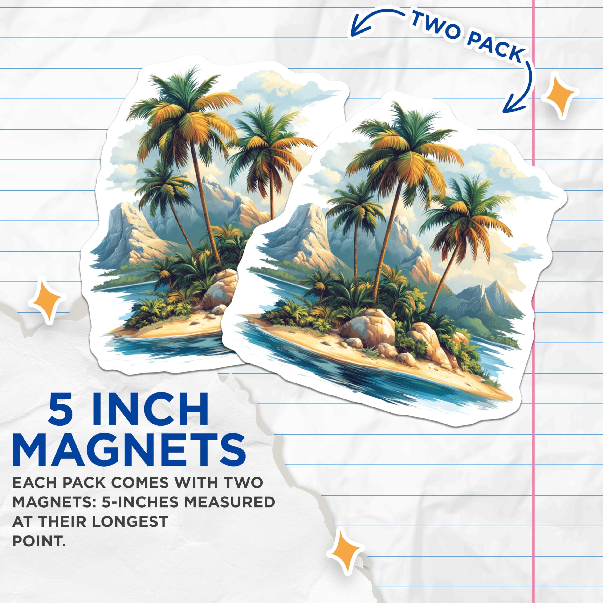 (2 Pack) Tropical Island Magnets - Palm Tree Beach Scene - Vacation Decor Aesthetic - 5 Inches On Longest Side - Thick Durable Magnet - Made in USA - MAG29498
