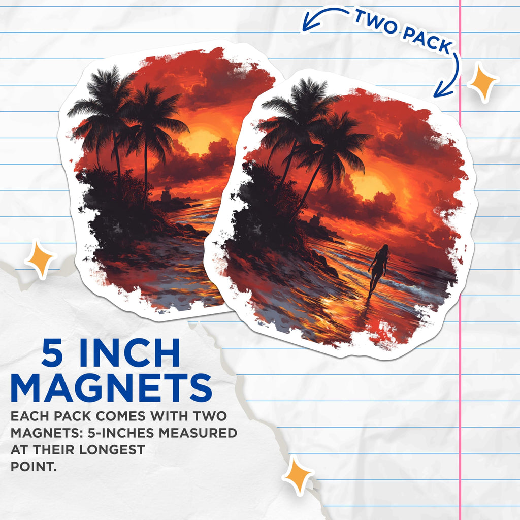 (2 Pack) Tropical Sunset Beach Magnets - Ocean Horizon Scene - Serene Travel Wanderlust Decor - Coastal Vibes Kitchen Accent - 5 Inches On Longest Side - Thick Durable Magnet - Made in USA - MAG30564