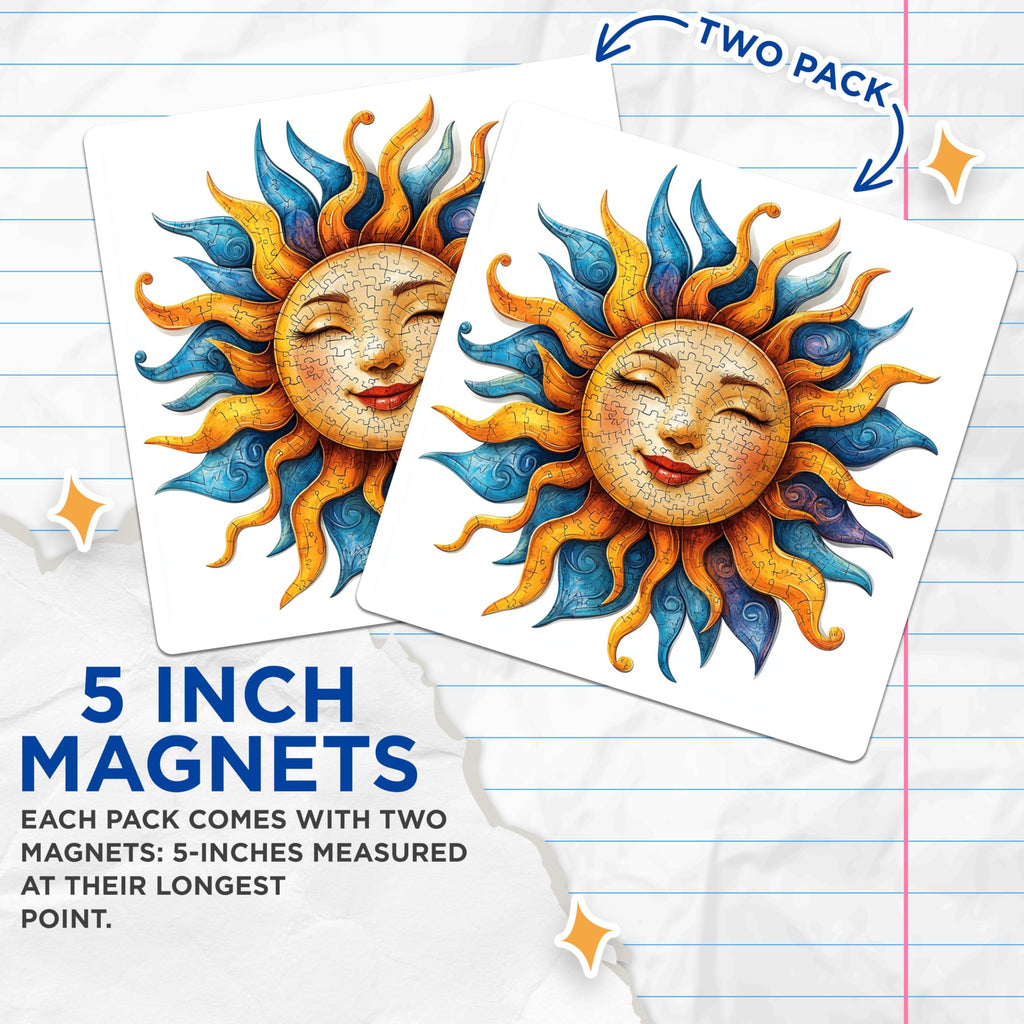 (2 Pack) Celestial Smiling Sun Puzzle Magnets - Bohemian Home Decor - Positive Energy Accent - 5 Inches On Longest Side - Thick Durable Magnet - Made in USA - MAG25419