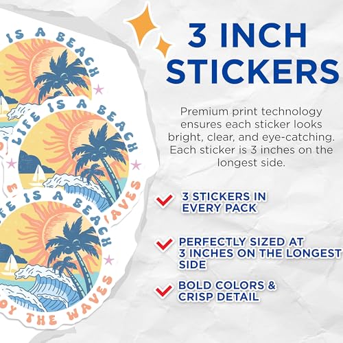 (3 Pack) Life is a Beach Decals - Tropical Vibes Stickers - Enjoy The Waves Decal - 3 Inches On Longest Side - Easy Peel & Apply - Made in USA - 3MCS4681