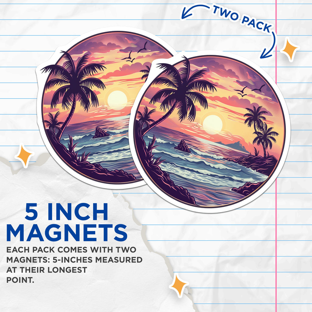 (2 Pack) Tropical Sunset Magnets - Beach Scene Decor - Ocean Wave Art - Palm Tree Vacation Vibe - 5 Inches On Longest Side - Thick Durable Magnet - Made in USA - MAG38822