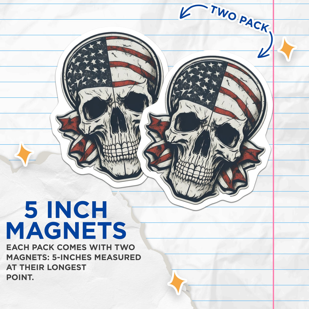 (2 Pack) American Flag Skull Magnets - Patriotic Skull Art - Military Veteran Decor - 5 Inches On Longest Side - Thick Durable Magnet - Made in USA - MAG37108