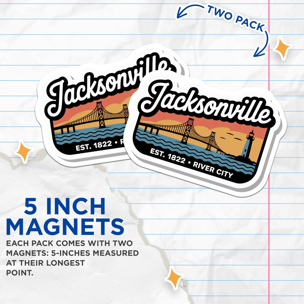 (2 Pack) Jacksonville Florida Magnets - River City Travel Souvenir - Iconic Bridge Lighthouse Art - 5 Inches On Longest Side - Thick Durable Magnet - Made in USA - MAG19321