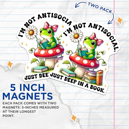 (2 Pack) I'm Not Antisocial Magnets - Cute Frog Reading - Book Lover Decor - 5" On Longest Side - for Cars, Fridges, Toolboxes - Made in USA - MAG7619