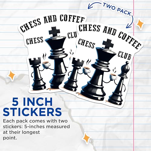 (2 Pack) Chess and Coffee Stickers - Chess Club Stickers - Chess Lovers Stickers - 5" On Longest Side - Sticks to Any Smooth Flat Surface - Made in USA - BMCS3192