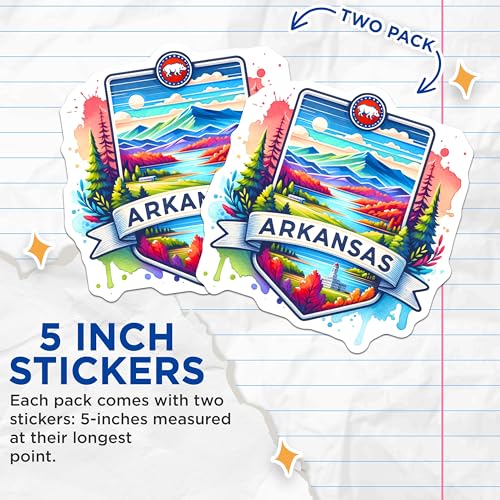 (2 Pack) Arkansas Scenic Stickers - Travel Souvenir - Nature Landscape Decal - 5" On Longest Side - Sticks to Smooth Flat Surfaces - Made in USA - BMCS6917